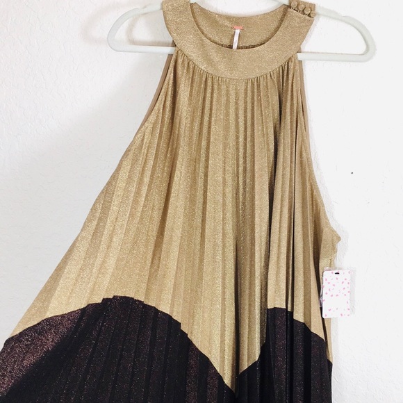 NWT Free People Gold Pleated Mini Love Dress M - Picture 4 of 8